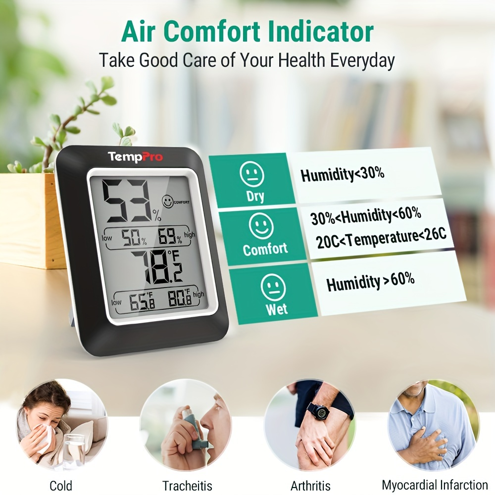 Indoor Hygrometer Thermometer 2-Pack - Room Temperature Humidity Meter with Air Comfort Indicator, Battery Powered for Home, Basement & Greenhouse, Black