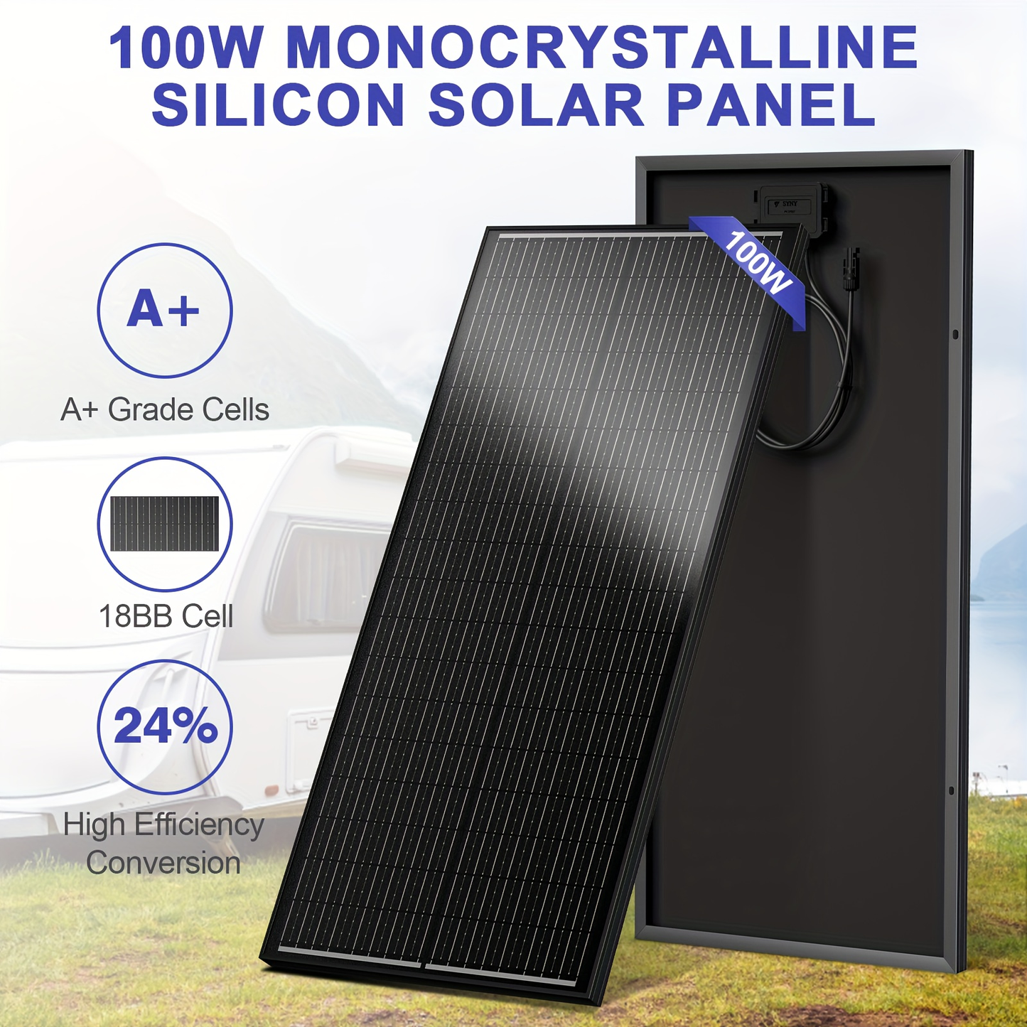 High-Efficiency 100 Watt Solar Panel Featuring a Black Backsheet, 18 BB Monocrystalline Design, Suitable for 12V Applications. Ideal for Charging Power in Homes, Rvs, Marine Settings, Rooftops, Farms, Batteries, And Other Off-Grid Uses