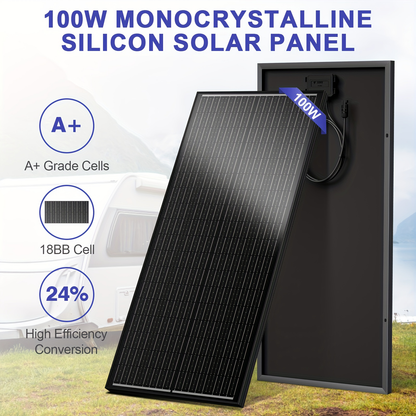 High-Efficiency 100 Watt Solar Panel Featuring a Black Backsheet, 18 BB Monocrystalline Design, Suitable for 12V Applications. Ideal for Charging Power in Homes, Rvs, Marine Settings, Rooftops, Farms, Batteries, And Other Off-Grid Uses