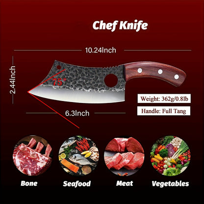 Chef Knife Hand Forged | High-Carbon Steel Viking Cleaver Full Tang Oak Handle with Sheath | BBQ Camping Meat Cutting Kitchen Knife Gift for Men Women