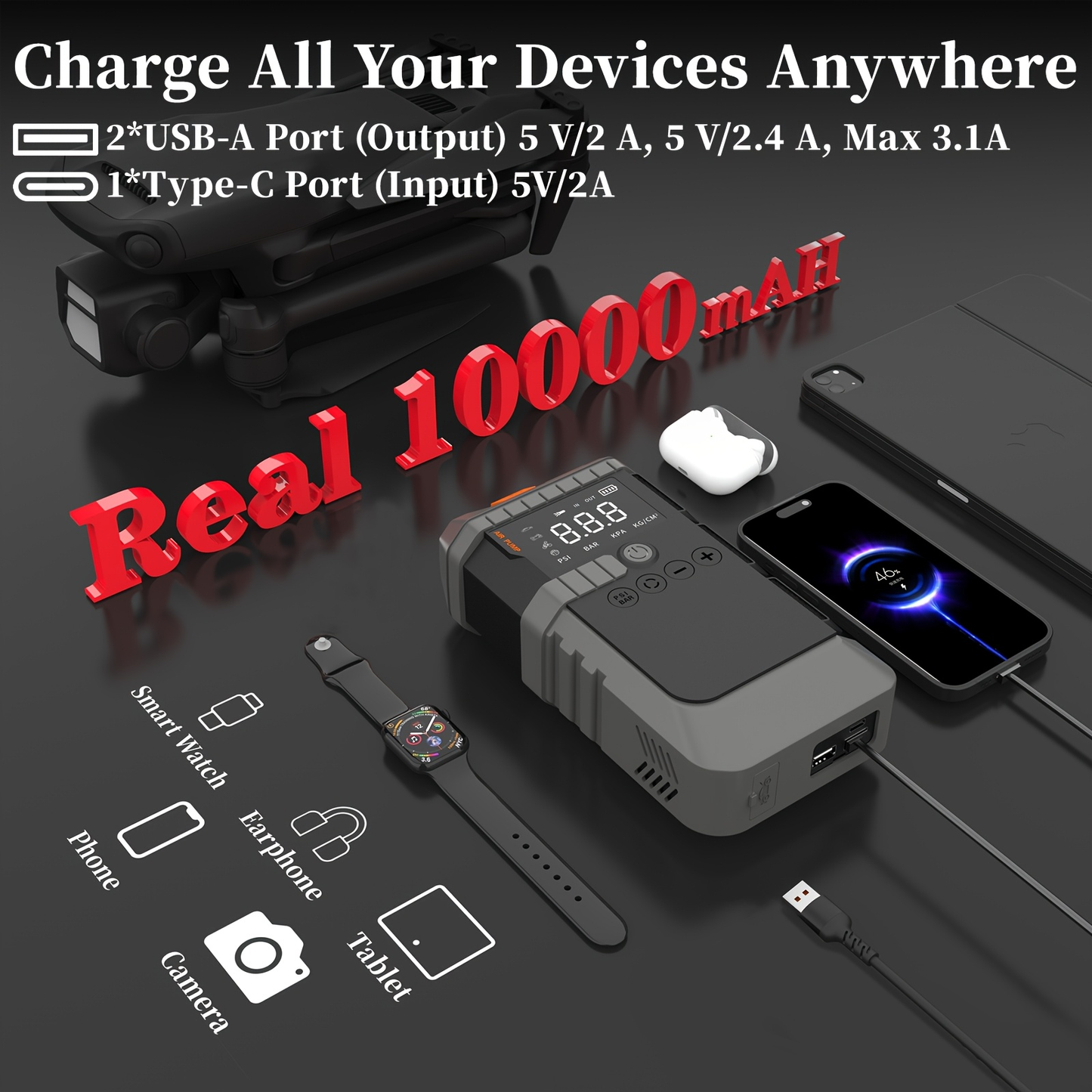 Jump Starter Power Bank 10000A 4-in-1 with 150 PSI Air Compressor LED Emergency Light USB Charging for Gas Diesel 12V Car Battery Emergency Starter Kit