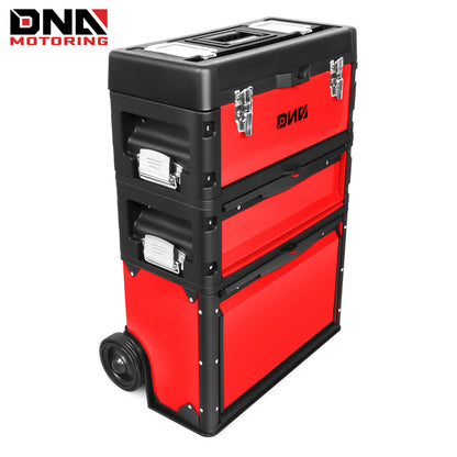 Rolling Tool Box 3-Tier Stackable Portable Toolbox with Wheels 19.5x12x28.5 Inch Steel PP 3-in-1 Detachable Compartments Metal Latches Extendable Handle for Home Workshop Garage Job Site