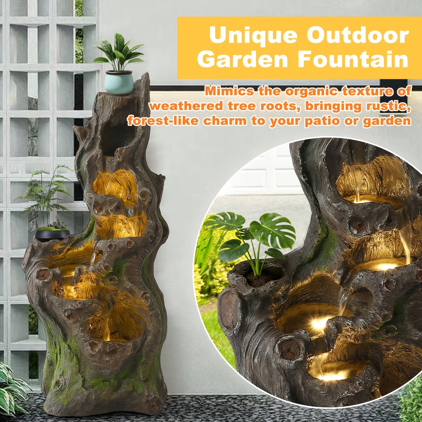 Outdoor Water Fountain 40 Inch 6-Tier Cascading Tree Trunk Waterfall with LED Lights Resin for Garden Patio Yard
