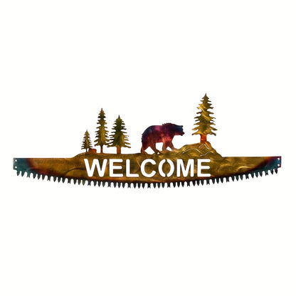 Metal Wall Art Saw Blade - Wild Animal Bear Deer Silhouette Gradient Polished Home Indoor Outdoor Decor