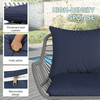 Patio Furniture Set 5 Piece | PE Rattan Sofa with 2 Footstools & Coffee Table, All-Weather Wicker, Easy Assembly, for Garden Balcony Backyard Poolside — Gray & Blue