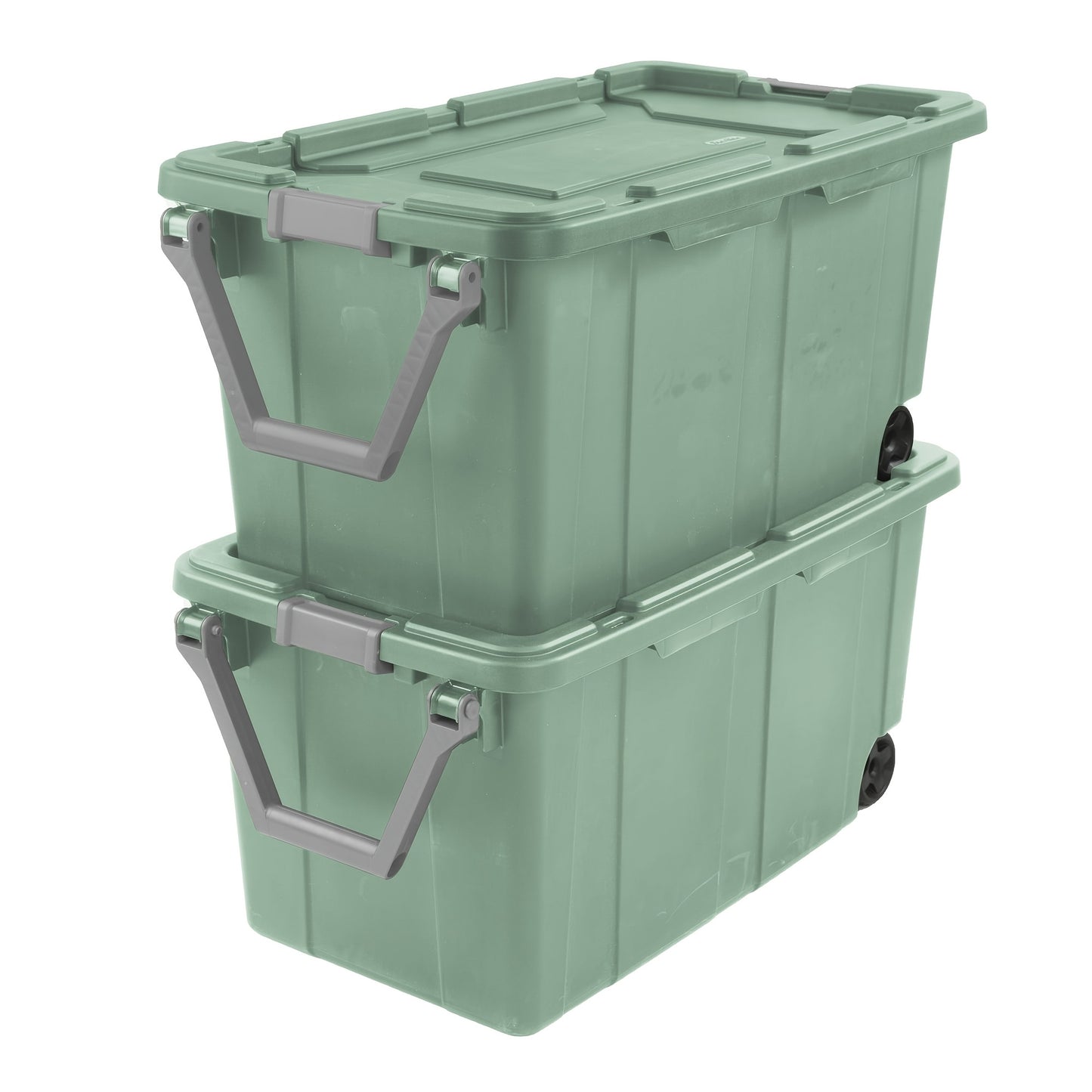 Heavy Duty Storage Bins with Wheels and Lids | 40 Gallon 151L Industrial Totes | 2 Pack | Lockable Latches | Metal Axle | Stackable | Green