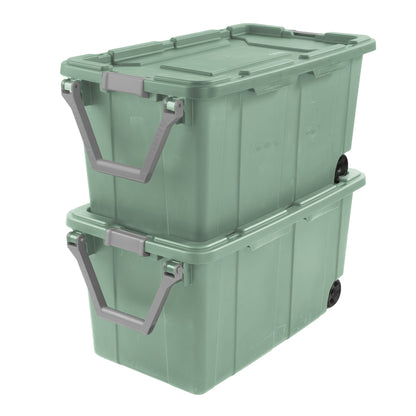 Heavy Duty Storage Bins with Wheels and Lids | 40 Gallon 151L Industrial Totes | 2 Pack | Lockable Latches | Metal Axle | Stackable | Green