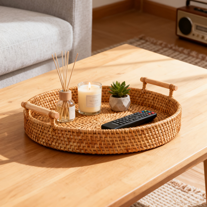 Cheese Board Tray Set - Hand-Woven Rattan Decorative Serving Tray with Handles, Boho Farmhouse Wicker Basket for Coffee Table, Fruit Bread Snack Gift, 3-Piece
