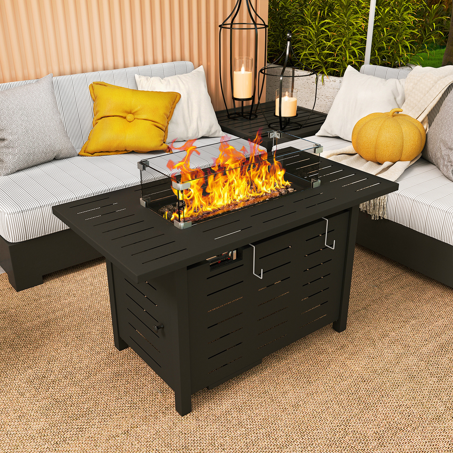 Propane Fire Pit Table Outdoor 50,000 BTU Gas Fire Table with Lid Lava Rocks & Waterproof Cover for Patio Backyard Deck Black Brown 40"/44"