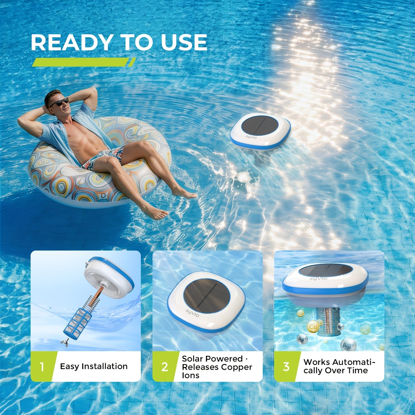 Solar Pool Ionizer – Chemical-Free Floating Purifier for Pools Up to 45,000 Gal