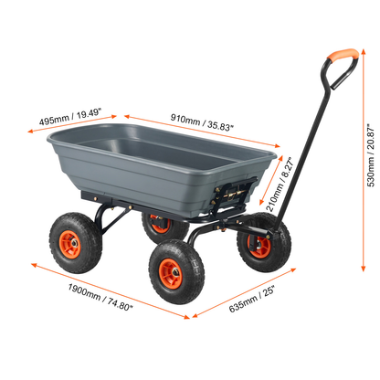 Garden Dump Cart 880LBS Convertible Flatbed Utility Wheelbarrow with 2-in-1 Handle, Removable Side Panels, Mesh Cover & 10" Rubber Tires – 400/600/880 LBS
