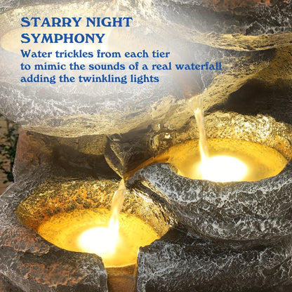 Outdoor Water Fountain 6-Tier Cascading Garden Fountain with LED Lights, Pump & Rocky Peak Decor – IPX5 Waterproof Stone Waterfall for Yard Patio