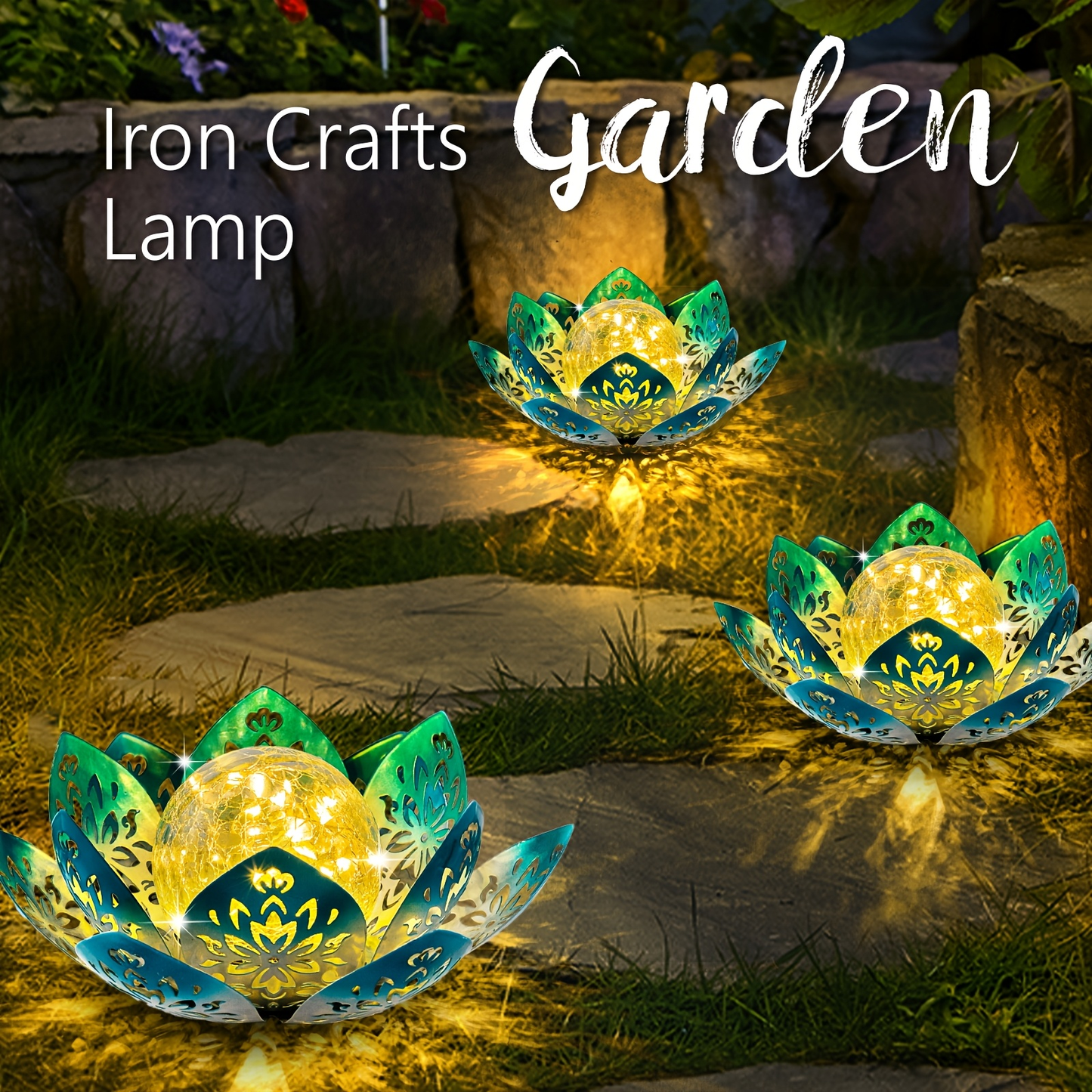 Solar Garden Light Lotus Flower LED Step Light Outdoor Cracked Glass Ball IPX4 Waterproof Lawn Yard Pathway Staircase Corridor Decor – Azure Blue Purple Gray