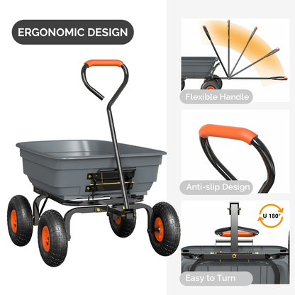 Garden Cart Dump Wagon 440 lbs Capacity, 4-Wheel Poly Cargo Cart with 2-in-1 Handle for Garden, Farm, Lawn and Yard Hauling, 44x26x39 in, Gray