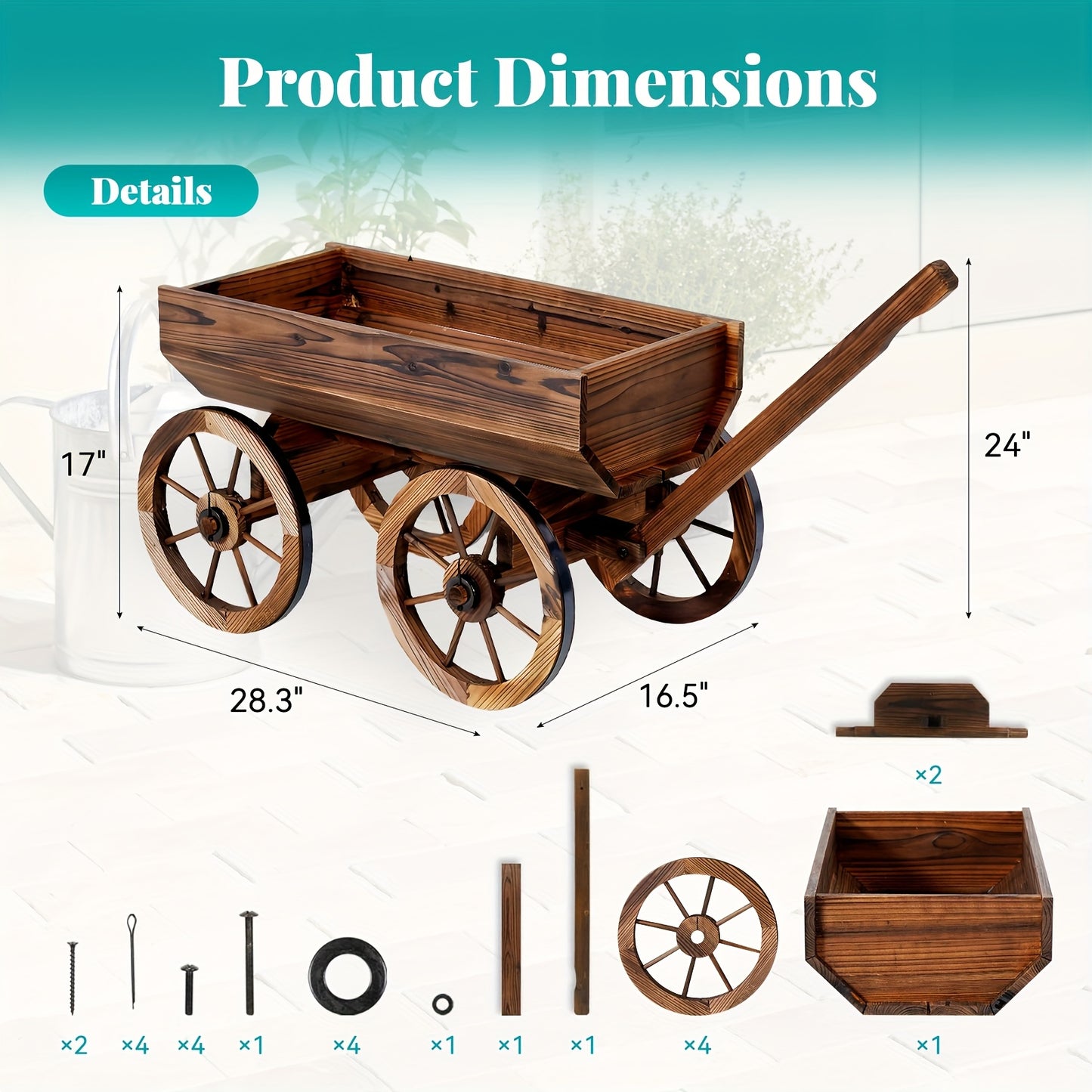 Wooden Wagon Planter with Wheels – Rustic Handcrafted Flower Cart for Patio, Balcony & Garden, Multi-Tier Ladder Shelf Outdoor Yard Decor