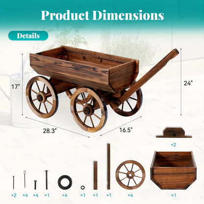 Wooden Wagon Planter with Wheels – Rustic Handcrafted Flower Cart for Patio, Balcony & Garden, Multi-Tier Ladder Shelf Outdoor Yard Decor