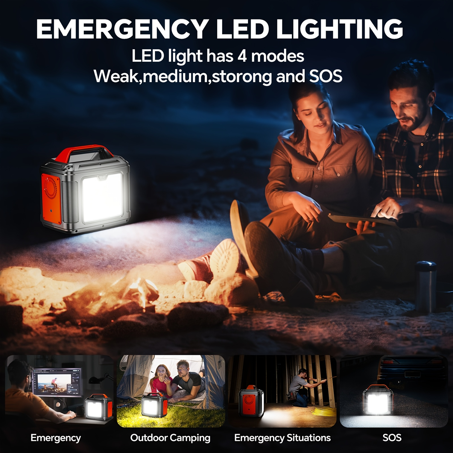 Solar Generator Portable Power Station 300W 296Wh | 60W Solar Panel AC DC USB Fast Charging LED Flashlight | Camping RV Emergency Backup Battery Orange