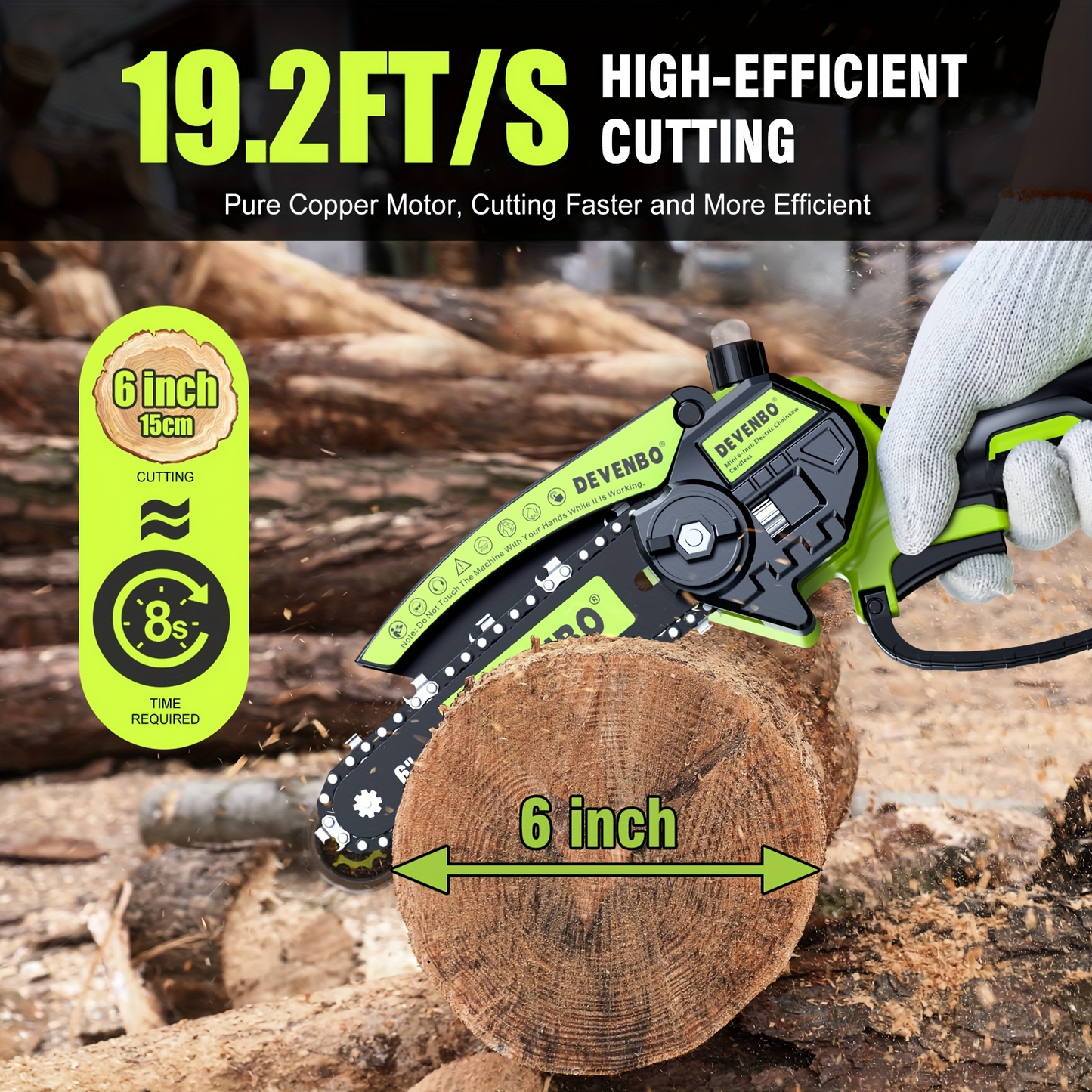 Cordless Mini Chainsaw 6-Inch, Handheld Pruning Saw with Rechargeable Battery, Adjustable Chain Tension, Safety Lock & Anti-Splash Guard for Branch Trimming in Yard, Garden & Home