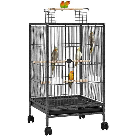 Bird Cage with Rolling Stand Open Top 31 Inch Wrought Iron Black - Slide Out Tray Feeder Doors 2 Feeders 3 Perches for Budgies Parakeets Cockatiels Canaries Finches Small Bird Home Cage