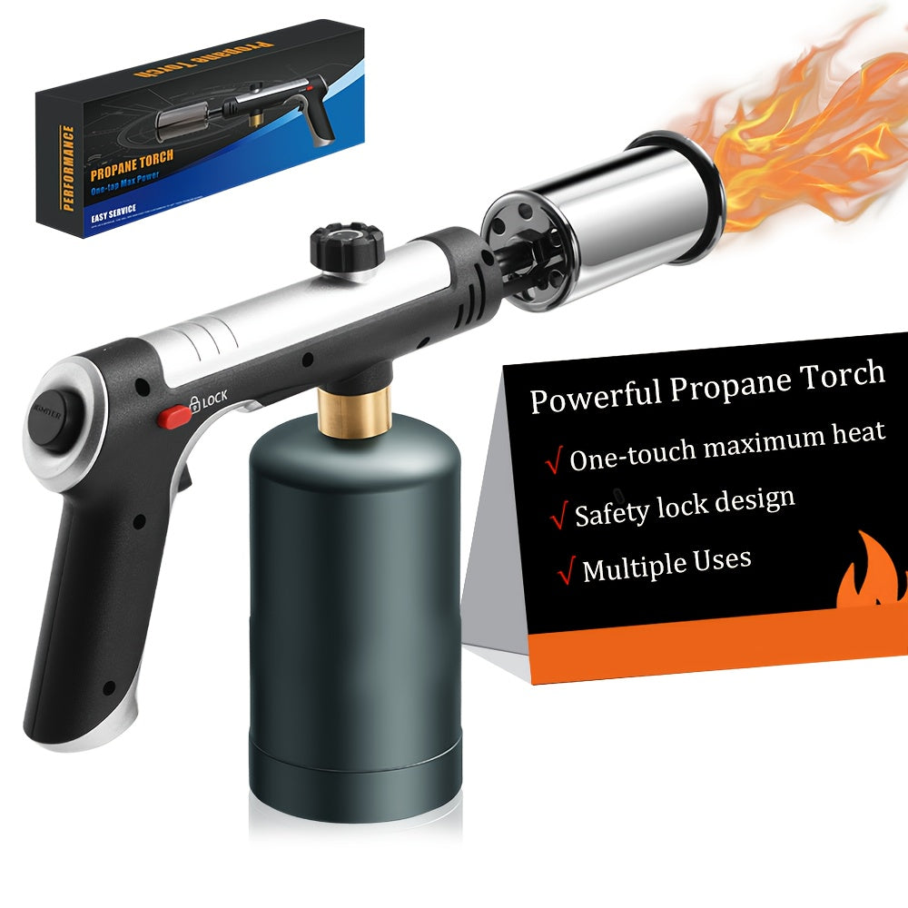 Propane Torch with One-Touch Max Fire & Safety Lock, Cooking Blow Torch Gun for Sous Vide, Searing Steak, BBQ, Grill, Campfire & Charcoal, Adjustable Flame Kitchen Torch, Black/Golden (Tank Not Included)
