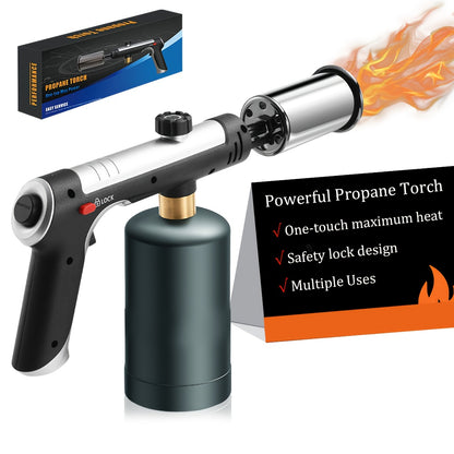 Propane Torch with One-Touch Max Fire & Safety Lock, Cooking Blow Torch Gun for Sous Vide, Searing Steak, BBQ, Grill, Campfire & Charcoal, Adjustable Flame Kitchen Torch, Black/Golden (Tank Not Included)