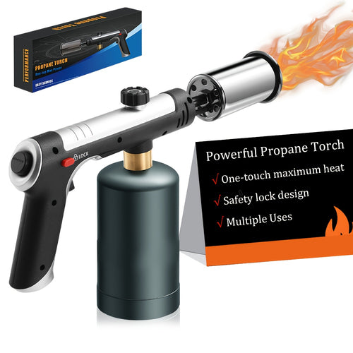 Propane Torch with One-Touch Max Fire & Safety Lock, Cooking Blow Torch Gun for Sous Vide, Searing Steak, BBQ, Grill, Campfire & Charcoal, Adjustable Flame Kitchen Torch, Black/Golden (Tank Not Included)
