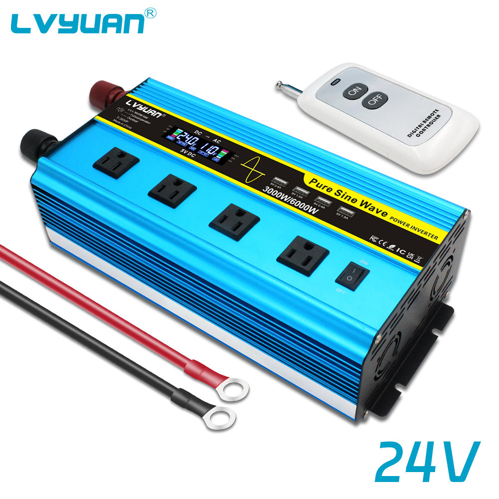Pure Sine Wave Inverter 3000W 6000W Peak DC 12V 24V to AC 110V with LCD Display 4 AC Outlets Wireless Remote Control for RV Truck Vehicle Camping Home Backup