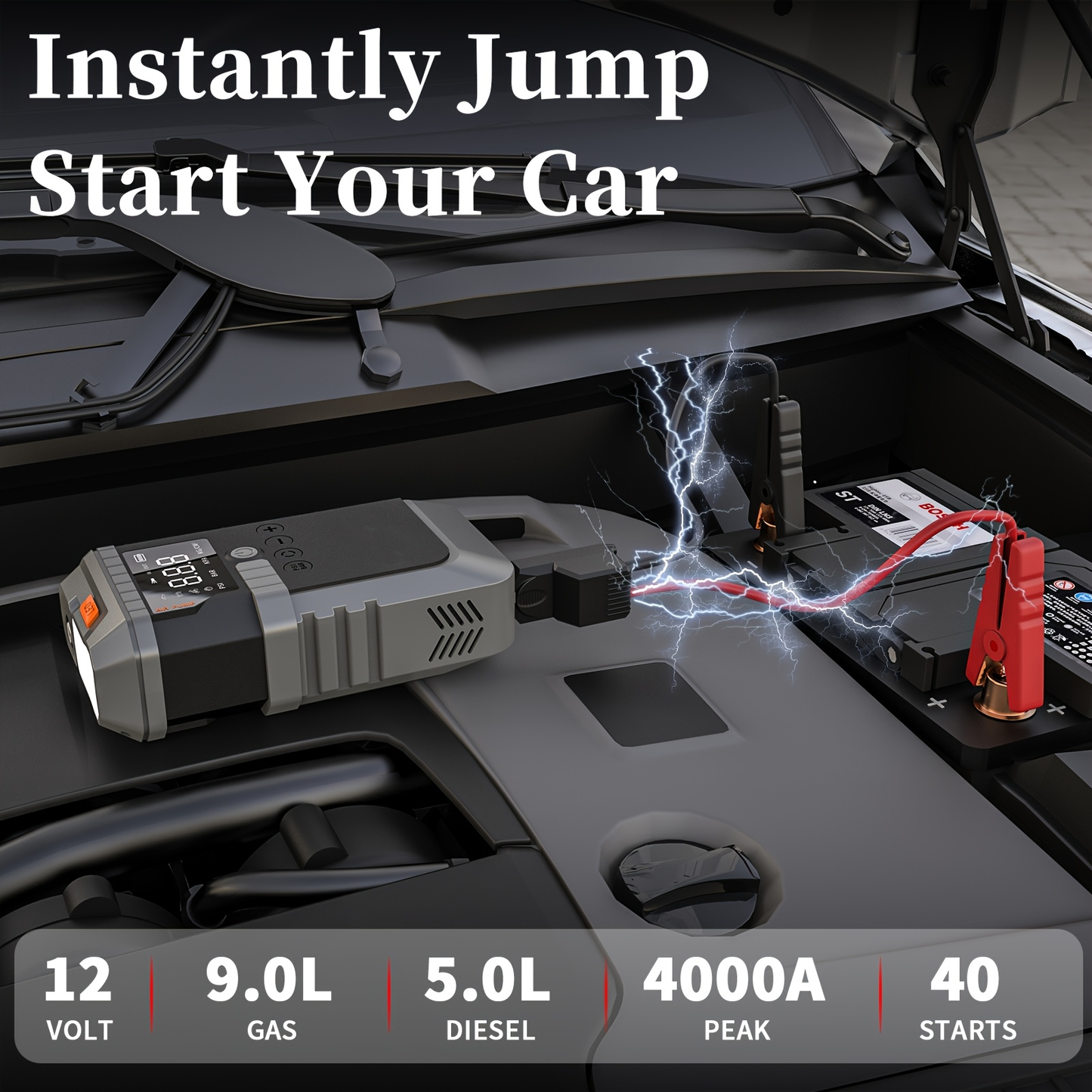 Jump Starter Power Bank 10000A 4-in-1 with 150 PSI Air Compressor LED Emergency Light USB Charging for Gas Diesel 12V Car Battery Emergency Starter Kit