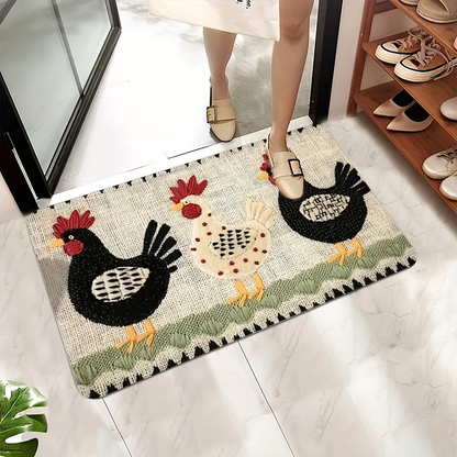 Rooster Embroidered Door Mat Indoor Outdoor Non-Woven Washable Rug for Entryway Bathroom Kitchen Porch Plaid Stripe Pattern