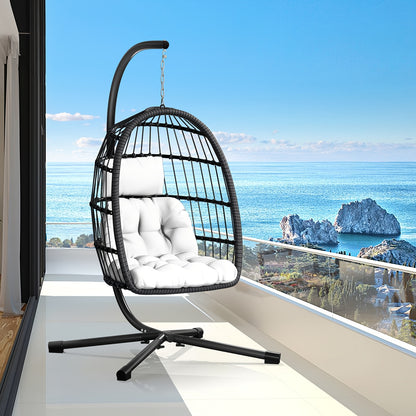 Outdoor Egg Chair with Stand Rattan Wicker Hanging Swing Hammock Chair Thickened Aluminum Frame UV-Resistant Cushion 350LBS Capacity Patio Balcony Deck Lawn Seat