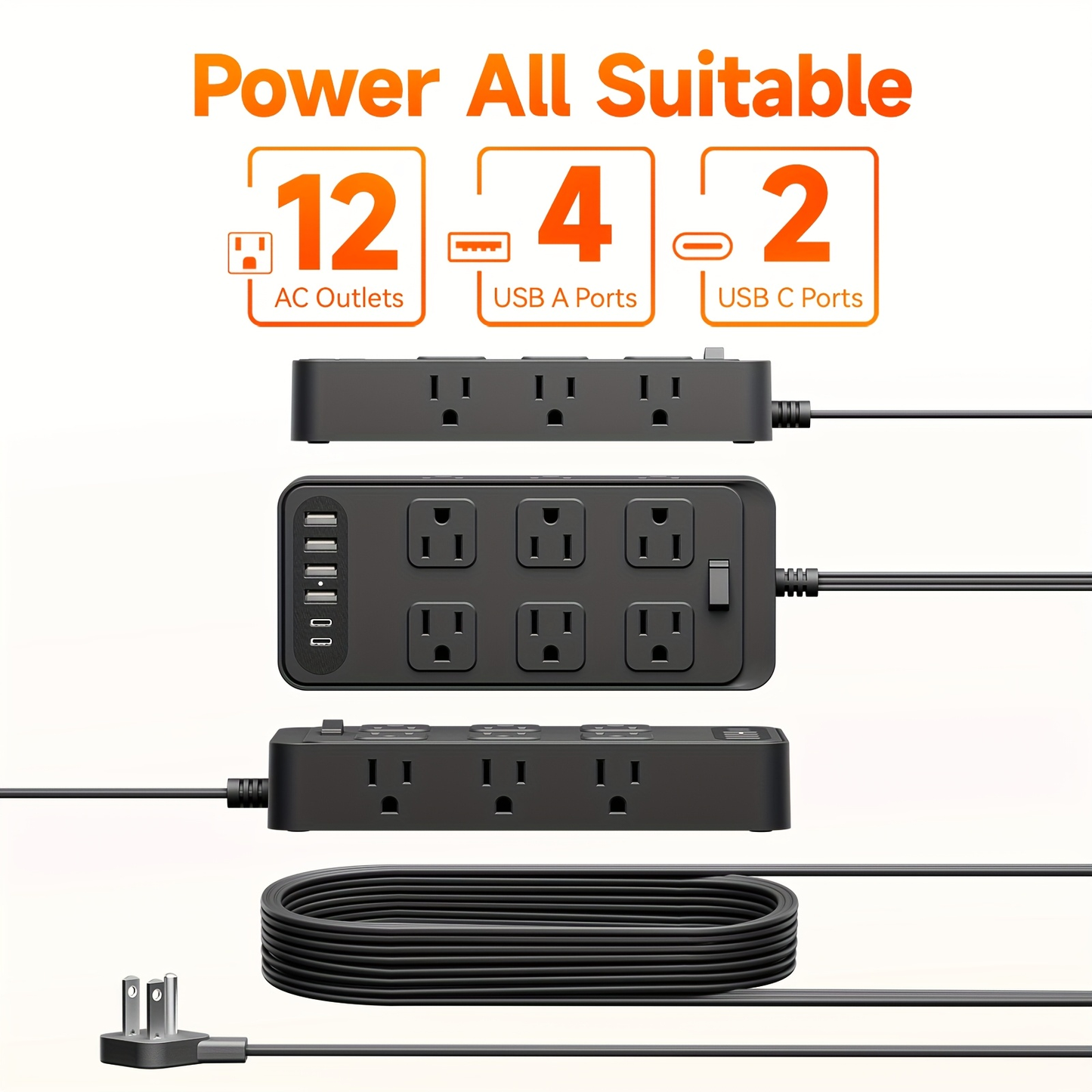 Charging Station 18-in-1 Power Strip Surge Protector 12 AC Outlets 6 USB Ports 4 USB-A 2 USB-C Flat Plug Wide Spacing Wall Mount for Home Dorm Office Travel