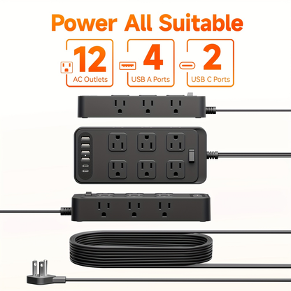 Charging Station 18-in-1 Power Strip Surge Protector 12 AC Outlets 6 USB Ports 4 USB-A 2 USB-C Flat Plug Wide Spacing Wall Mount for Home Dorm Office Travel