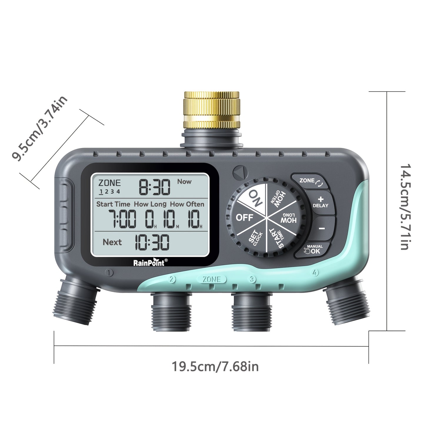 Garden Irrigation System 4-Zone – Automatic Watering Controller with Brass Head, Manual & Rain Delay Modes, Independent Zone Scheduling
