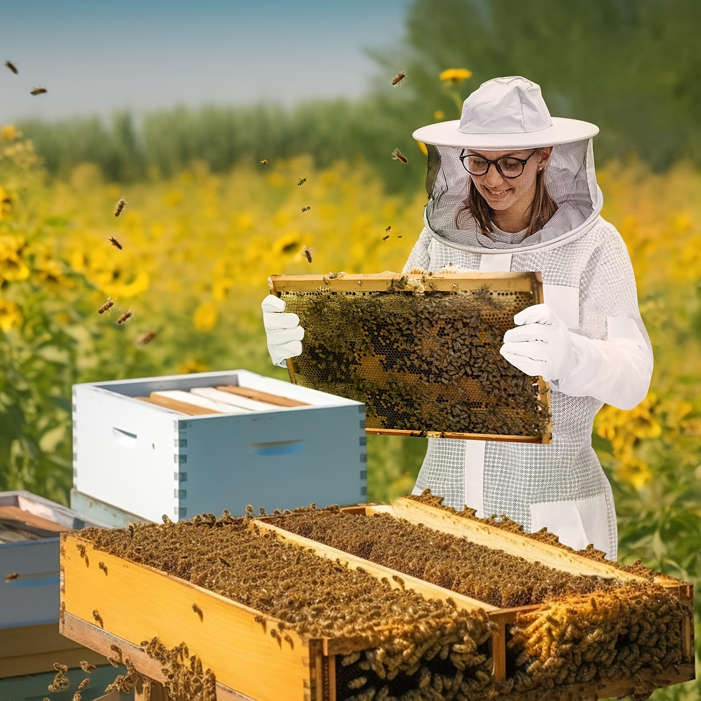 Beekeeping Suit Triple Layer Sting-Resistant Gloves 2 Veils S-3XL