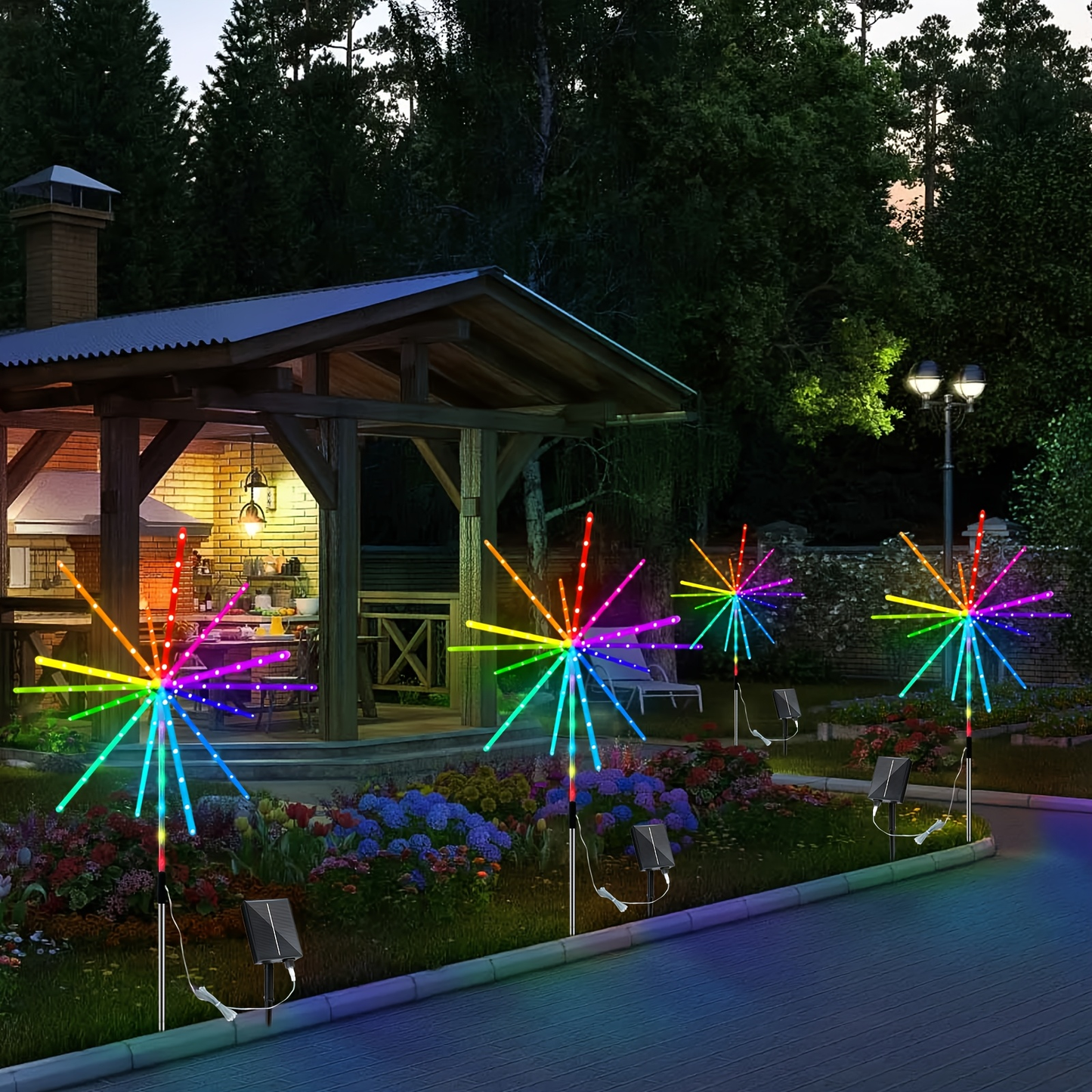 Solar Meteor Lights Outdoor 4 Pack 336 LED True 3D Firework Effect IP65 Waterproof Ground Stake with Remote Control Multi-Color – Garden Patio Christmas Valentine Party Camping Decoration
