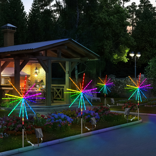 Solar Meteor Lights Outdoor 4 Pack 336 LED True 3D Firework Effect IP65 Waterproof Ground Stake with Remote Control Multi-Color – Garden Patio Christmas Valentine Party Camping Decoration