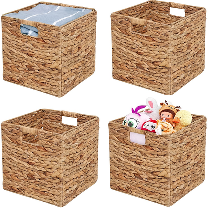 Cube Storage Baskets Foldable – Handwoven Water Hyacinth 11x11 Inch Laundry Organizer Basket with Handles for Cube Shelves, Closet, Bedroom & Living Room, Natural Woven Bin