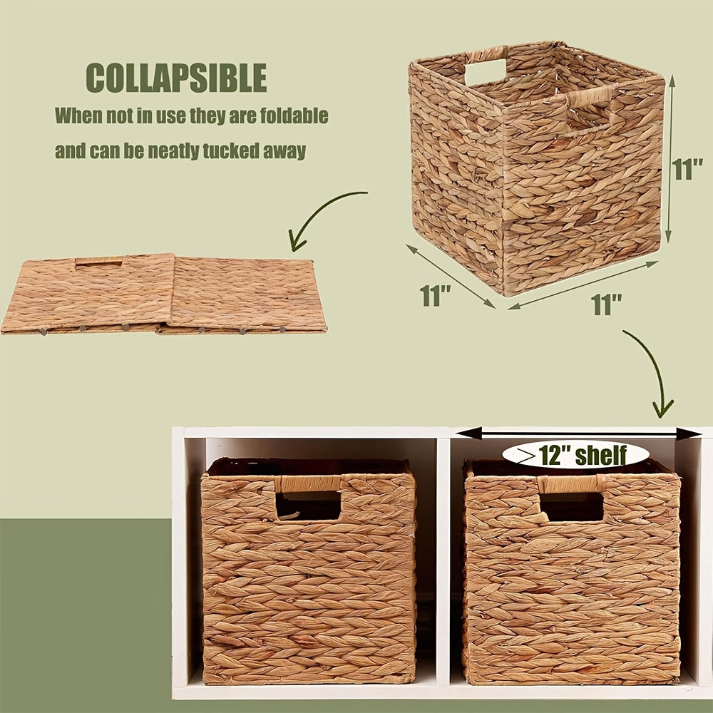 Cube Storage Baskets Foldable – Handwoven Water Hyacinth 11x11 Inch Laundry Organizer Basket with Handles for Cube Shelves, Closet, Bedroom & Living Room, Natural Woven Bin
