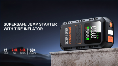 Portable Jump Starter 5000A 7-in-1 with Air Compressor 150PSI, Battery Booster for Car 7.0L Gas/6.0L Diesel, QC3.0 Power Bank, LCD Display & LED Emergency Light