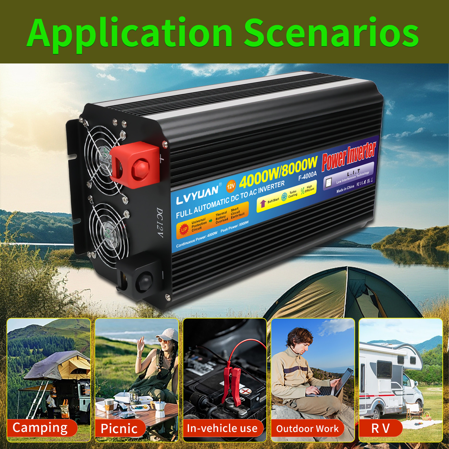 Pure Sine Wave Power Inverter 4000W 8000W Peak DC 12V to AC 110V with LCD Display Remote Control 4 AC Outlets for Car Truck RV Boat Solar Off-Grid