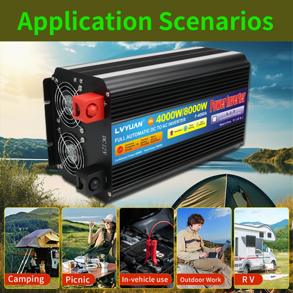 Pure Sine Wave Power Inverter 4000W 8000W Peak DC 12V to AC 110V with LCD Display Remote Control 4 AC Outlets for Car Truck RV Boat Solar Off-Grid