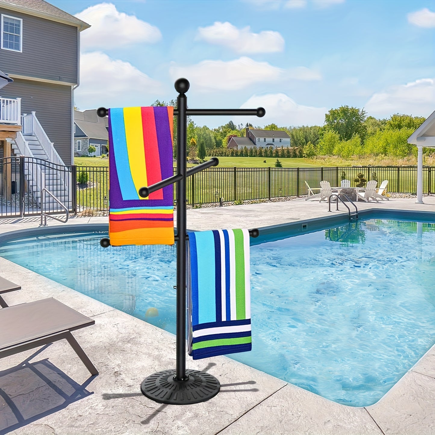 Pool Towel Rack Freestanding Outdoor – 3-Bar Iron Towel Stand with Hooks, Windproof Wide Base, No Sand Needed, Rust-Resistant for Poolside Hot Tub Spa Beach Bathroom Patio