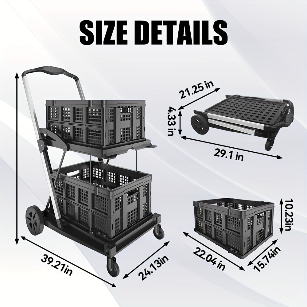 Folding Shopping Cart with 2-Layer Storage Crate | Heavy Duty Collapsible Utility Cart for Groceries, Warehouse & Supermarket | Black