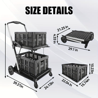 Folding Shopping Cart with 2-Layer Storage Crate | Heavy Duty Collapsible Utility Cart for Groceries, Warehouse & Supermarket | Black
