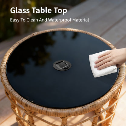 Outdoor Wicker Nesting Side Tables Set of 2 PE Rattan End Tables with Tempered Glass Top UV Resistant Waterproof Patio Balcony Deck Furniture