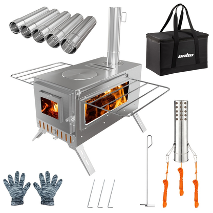 Wood Burning Stove Portable Camping Tent Stove with 7 Detachable Chimney Pipes, Stainless Steel, Adjustable Height, Fire-Resistant Window, Ash Tool & Carry Bag