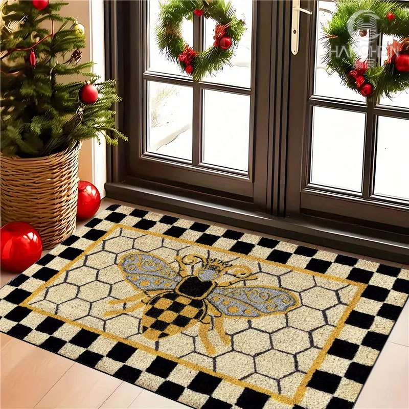 Non-Slip Bee Honeycomb Flannel Floor Mat Machine Washable Welcome Rug Indoor Outdoor Entryway Bedside Living Room Kitchen Bee Themed Home Decor