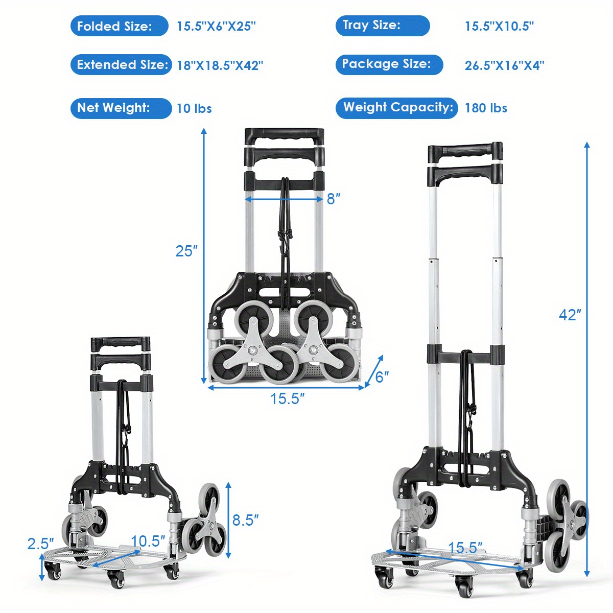 Stair Climbing Cart Folding Hand Truck 180 lbs Capacity, Aluminum Alloy Utility Dolly with Telescoping Handle, 3-Wheel Stair Climber & 4 Swivel Casters, Bungee Cord Included