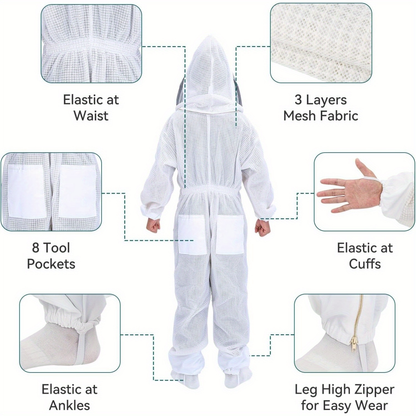 Beekeeping Suit Triple Layer Sting-Resistant Gloves 2 Veils S-3XL