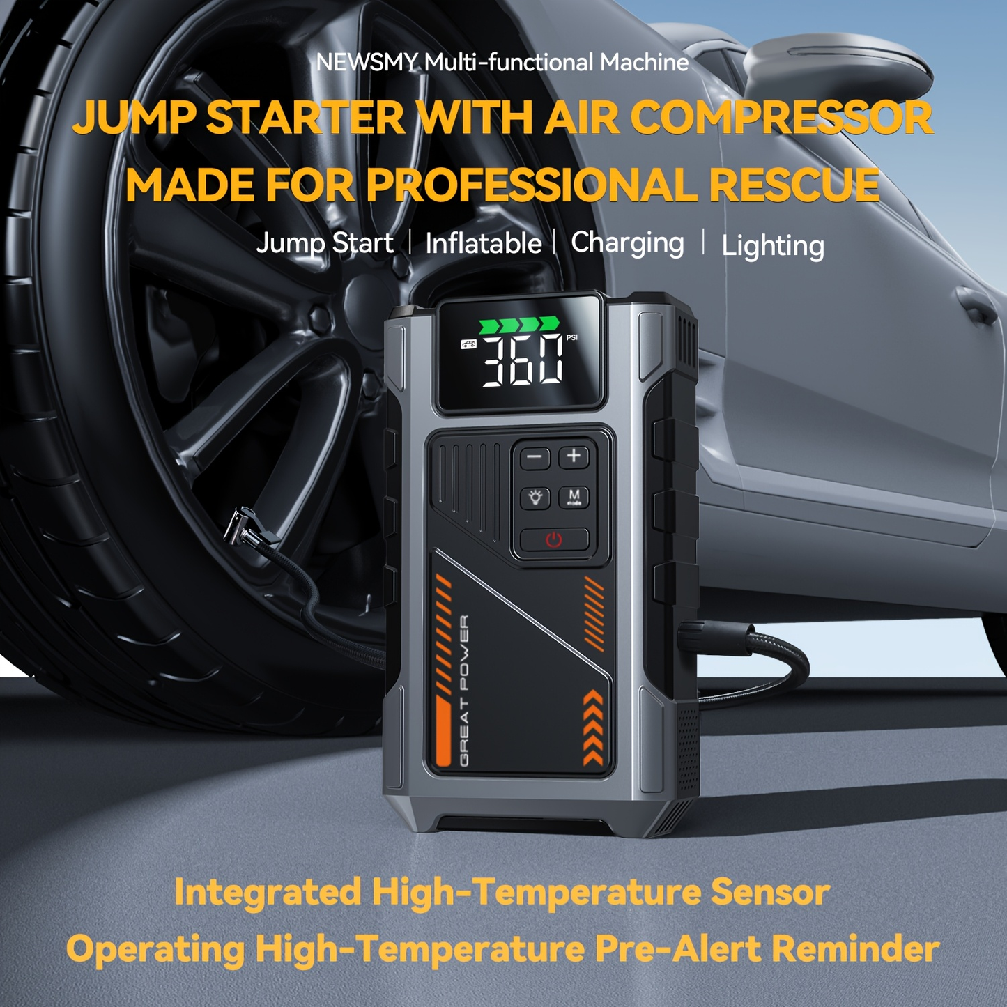 Jump Starter with Air Compressor 5000A Peak 150PSI Tire Inflator 5-in-1 Portable Car Battery Jump Pack for 8.0L Gas 6.5L Diesel Engine Digital Display Smart Cables 12V Power Bank